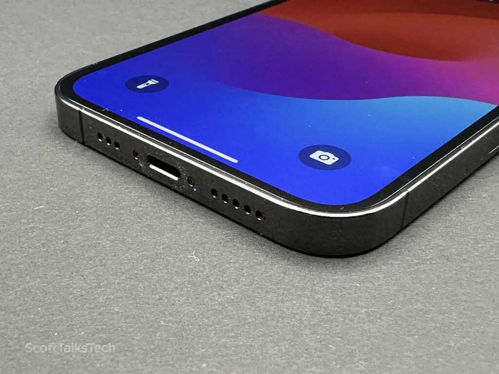 Space gray Apple iPhone 12 Pro bottom speakers and lightning port