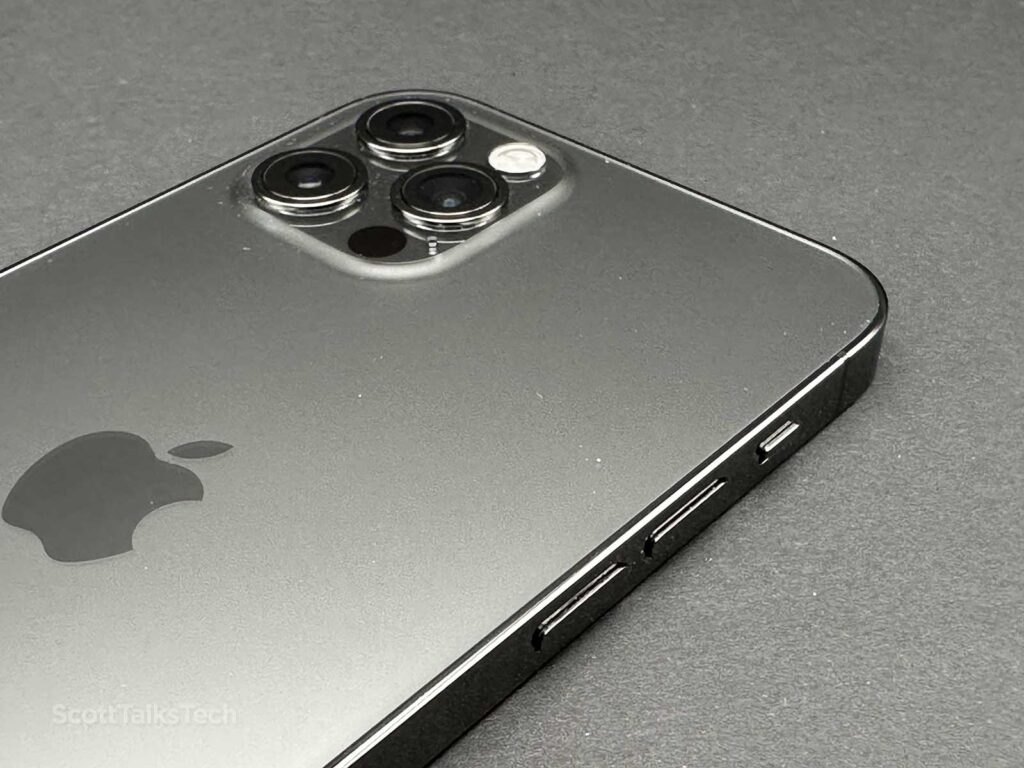 Space gray Apple iPhone 12 Pro backside showing volume buttons