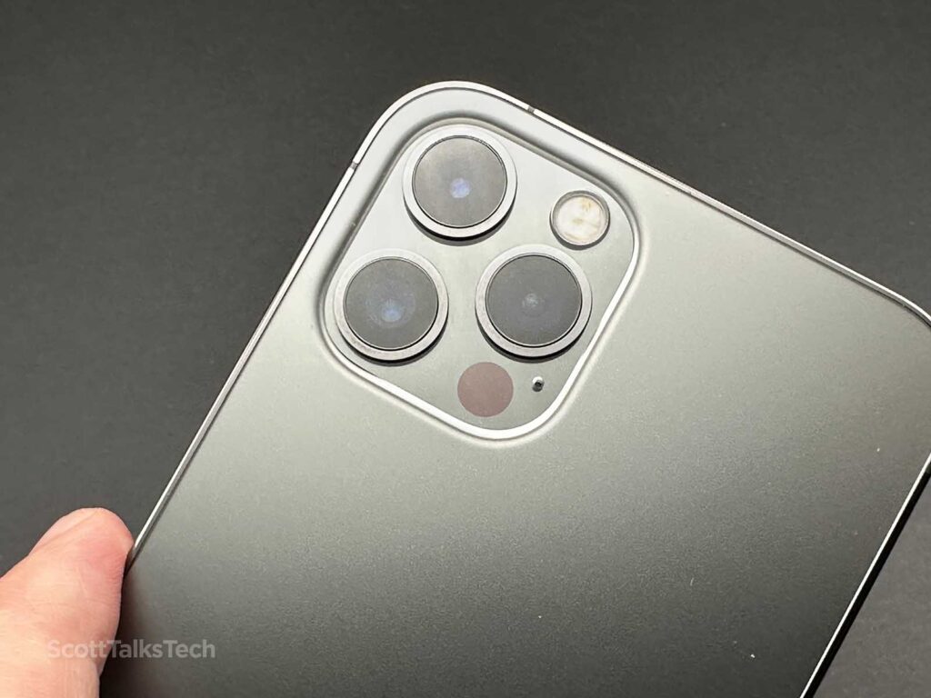 Space gray Apple iPhone 12 Pro camera lenses, flash, and LiDAR sensor