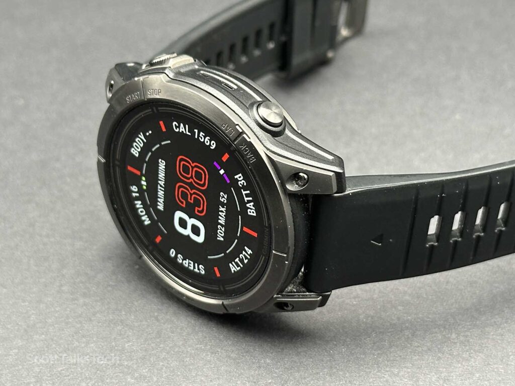 Garmin Epix Pro (Gen 2) 47mm lying on its side with screen on