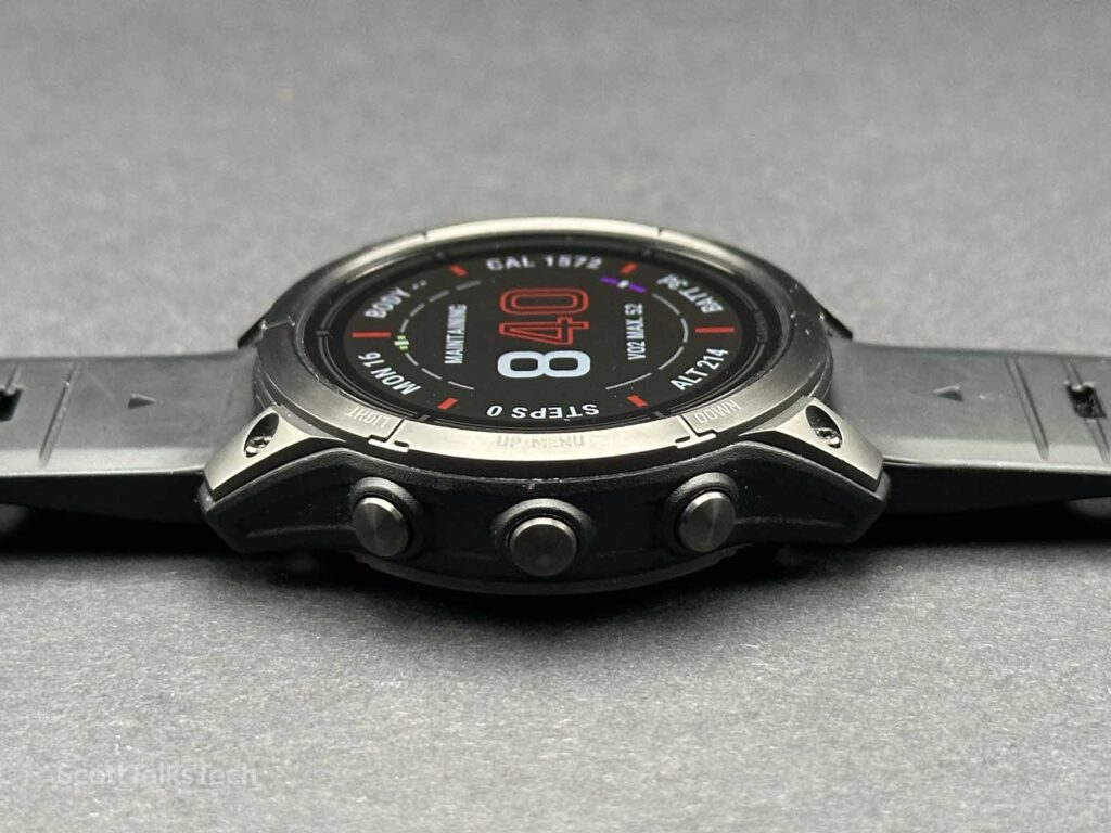 Garmin Epix Pro (Gen 2) 47mm lying face up showing buttons on side