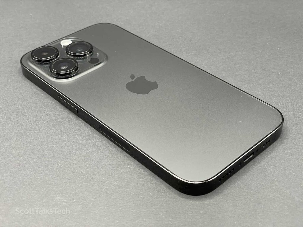 Space Black iPhone 14 Pro back glass with Apple logo