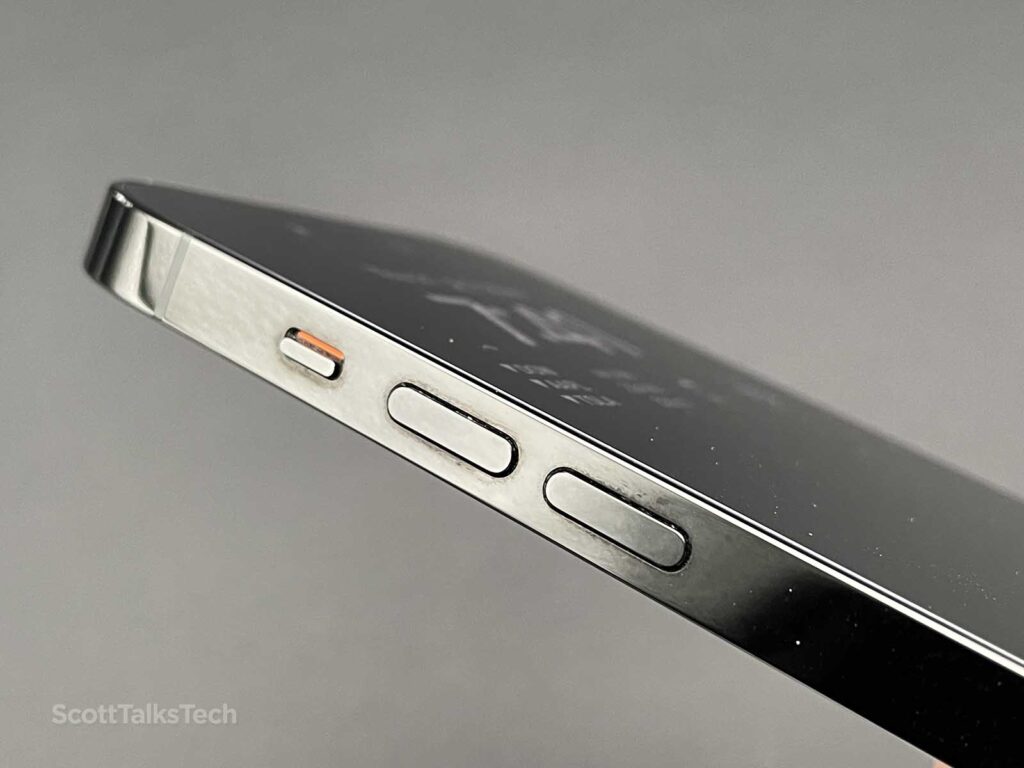 Space Black iPhone 14 Pro Side rail with volume buttons and mute switch